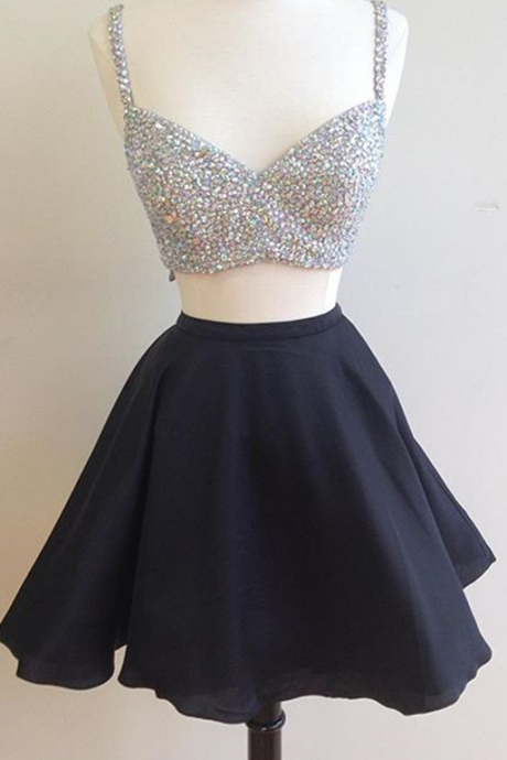 Spaghetti Strap Beaded Two-piece Short Homecoming Dress, Party Dress