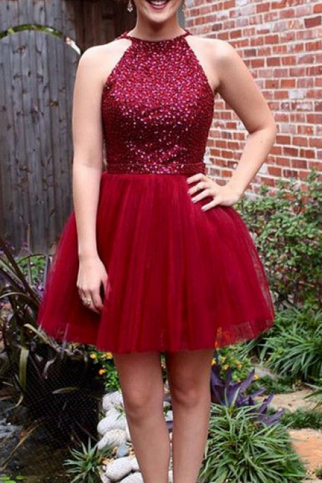 Halter Beaded Tulle Short Homecoming Dress, Cocktail Dress, Party Dress