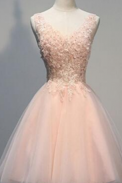 Pink Lace Homecoming Dresses, V-neck Homecoming Dresses, Tulle Homecoming Dresses, Cute Homecoming Dresses, Short Prom Dresses, Homecoming