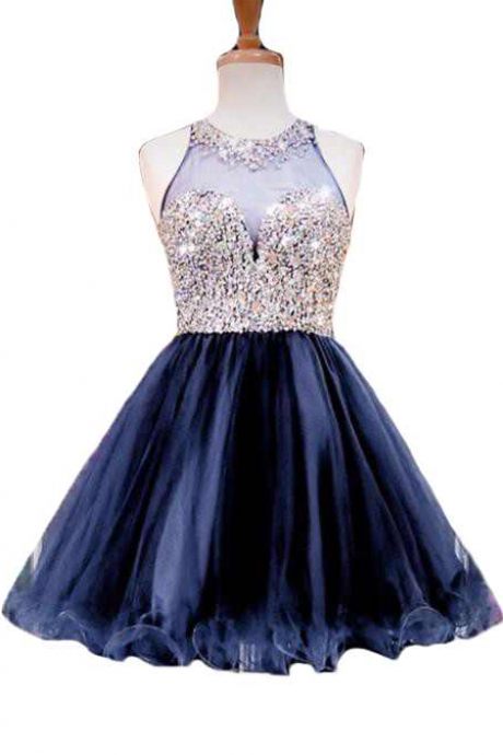 Homecoming Dresses Luxury Beaded Navy Blue Short Party Dresses Sweetheart Sleeveless Illusion Ball Gown Party Dresses