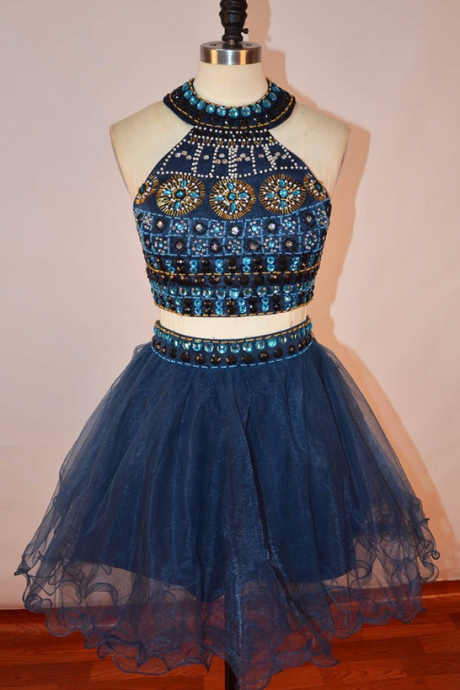 Lorie Vestido De 15 Anos Curto Crystals Navy Blue Homecoming Dresses 2018 Halter A-line Beading Semi Formal Dresses