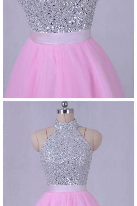 Pink Homecoming Dress High Neck A-line Sequined Beaded Short Mini Party Gown Vestido De Formatura Curto Cocktail Dresses