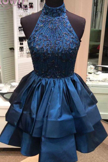 Ball Gown High Round Collar Off The Shoulder Sleeveless Mini Tiered Beaded Pleat Custom Made Homecoming Dress Royal Blue Homecoming Dresses