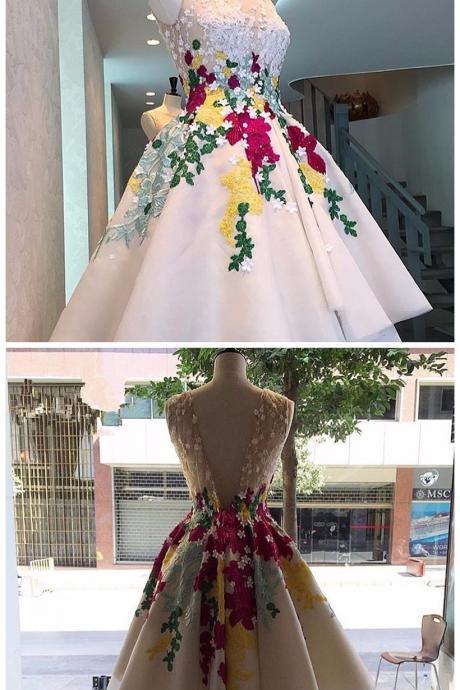 A-line Round Neck Colorful Flowers Applique Beading Mini Cocktail Dresses 2016 For Junior Abiye Elbisesi Vestido Branco