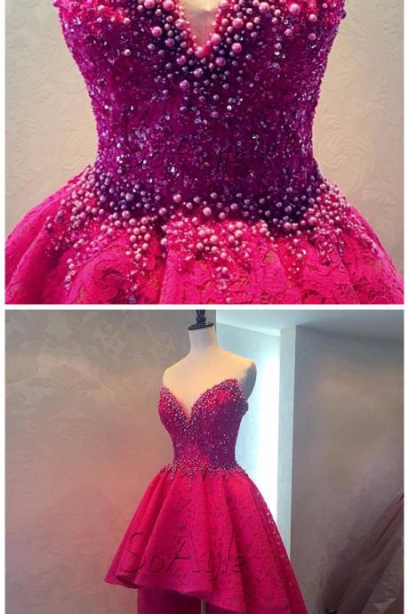 A-line Sweetheart Pearls High Low Lace Fuchisa Prom Dresses Vestidos De Baile Vestido Longo Ballkleider Sparkle Gowns