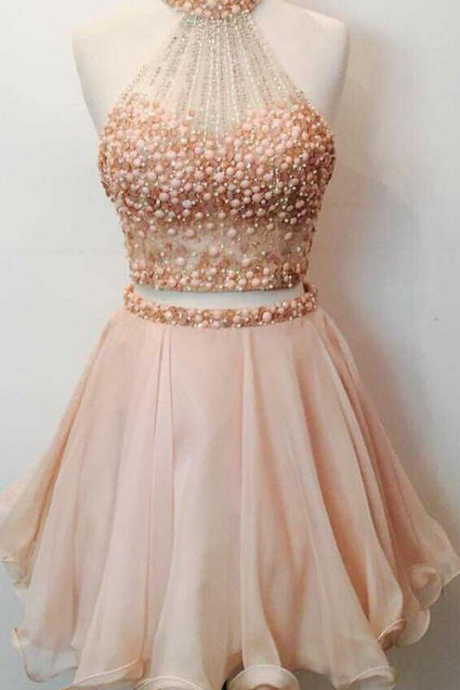 A Line Round Collar Off The Shoulder Sleeveless Mini Pearls Beaded Midriff Custom Made Homecoming Dress