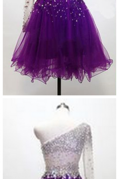 Homecoming Dresses,one Shoulder Homecoming Dresses,crystal Homecoming Dresses,short Homecoming Dresses,purple Homecoming Dresses,tulle Homecoming