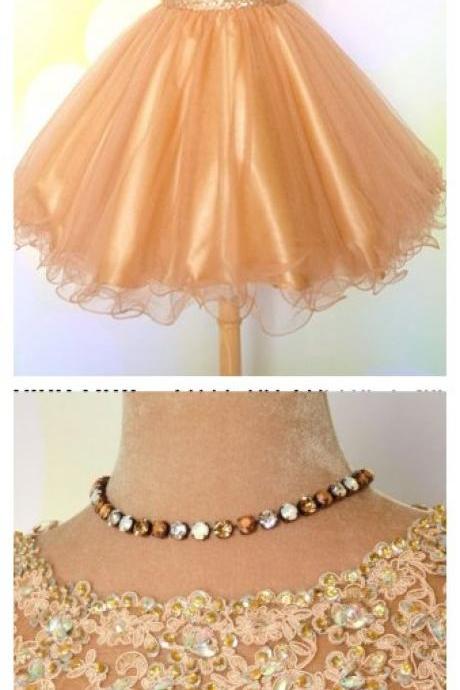 Appliques Gold Shiny Sequins Puffy Short Homecoming Dresses