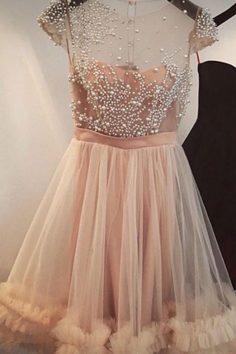 A-line Capped-sleeves Tulle Beading Sheer Champagne Homecoming Dresses