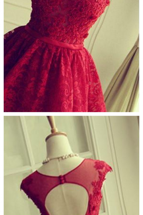A-line Short Cap-sleeves Lace Sleeveless Red Homecoming Dresses