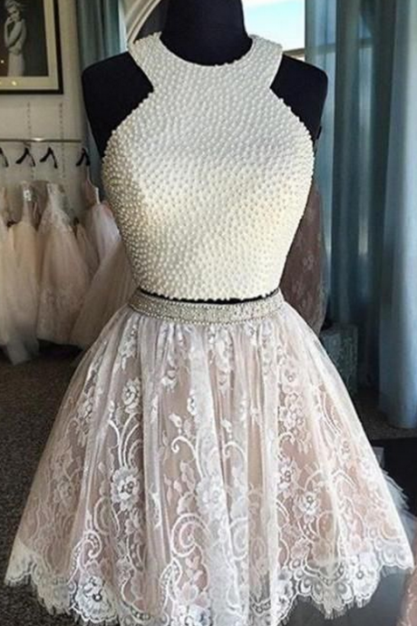 Luxury Two-piece Homecoming Dresses Pearls Lace Short Graduation Dress