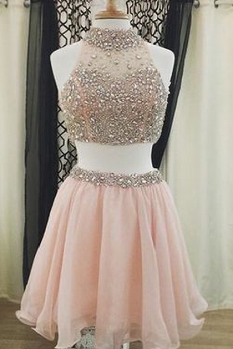 Blush Short Pink Luxury Two-piece Halter-neck Crystals Homecoming Dresses