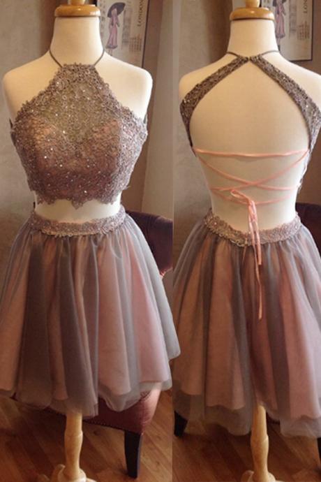 Two-piece Spaghettis-straps Halter-neck Lace Homecoming Dresses