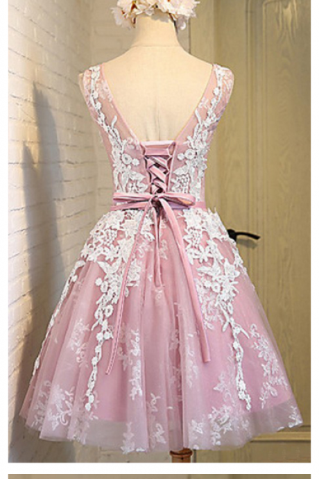 Lace Appliques Lace-up Sash Pink Jewel Sleeveless Open-back Homecoming Dresses