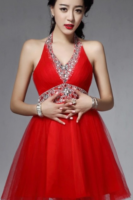 Red Tulle Homecoming Dresses, Halter Homecoming Dresses, Rhinestone Homecoming Dresses, Stunning Homecoming