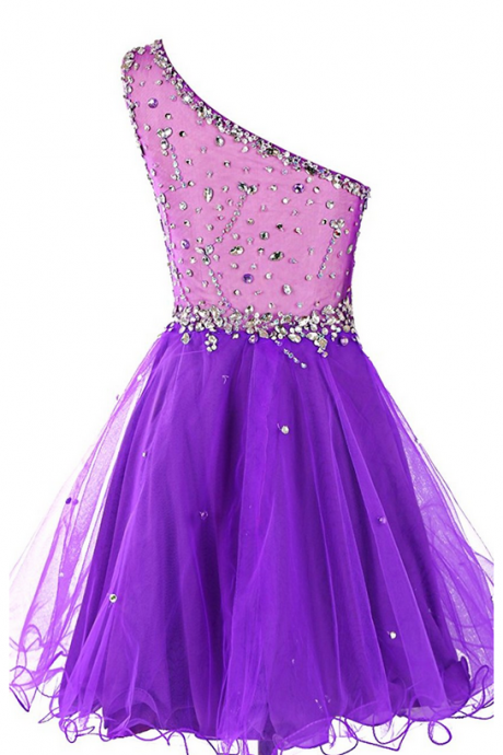 Short One Shoulder Prom Dresses Tulle Homecoming Dress With Beads