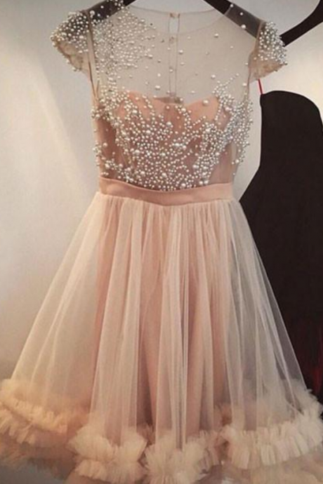 Coral Unique Cap Sleeves Tulle Short Homecoming Dress With Beading