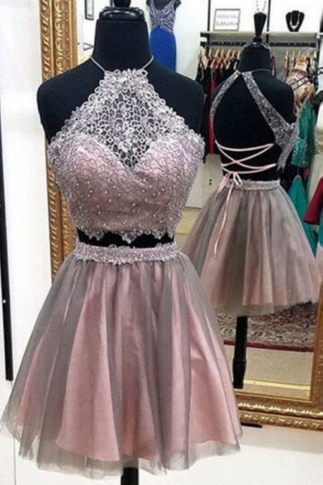 Halter Homecoming Dresses, Beaded Homecoming Dresses, Sweet Party Dresses Two Piece Short Homecoming Dress