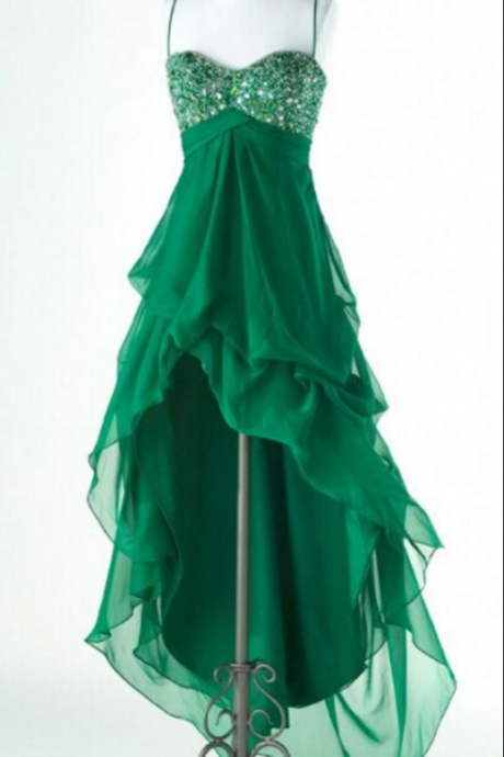 Green Chiffon Homecoming Dresses, Hi-low Homecoming Dresses, Rhinestone Homecoming Dresses, Spaghetti