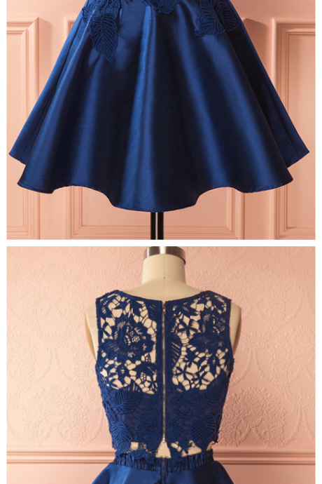 Lace Homecoming Dresses,navy Two Piece A-line Jewel Sleeveless Short Homecoming Dress With Lace