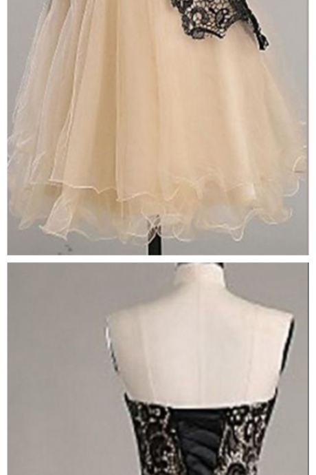 Sweetheart Lace Homecoming Dresses, Champagne Organza Homecoming Dresses, Lace Up Homecoming Dresses, Vantage Homecoming Dresses, Short Prom