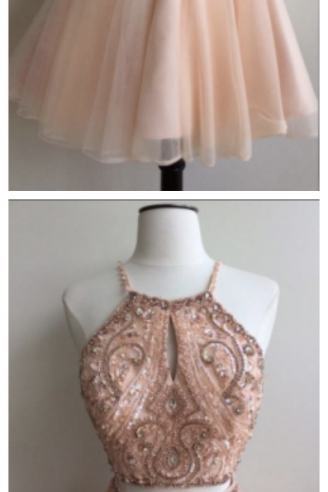 Homecoming Dresses Short Beads Two Piece Straps Short Homecoming Dress With Key Hole