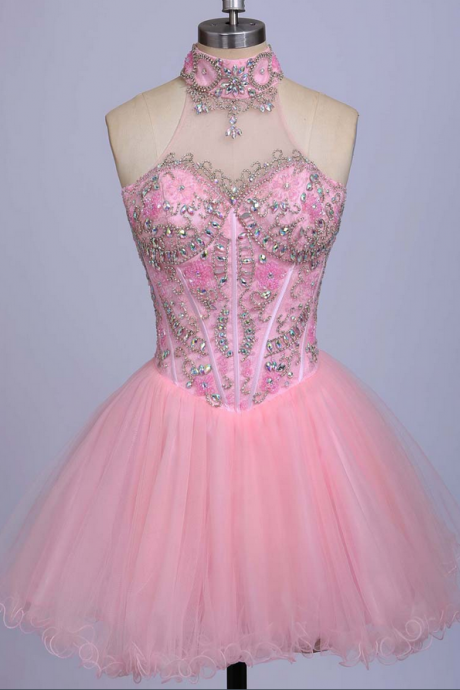 Charming Prom Dress,a-line Homecoming Dresses,beaded Homecoming Dresses,pink Homecoming Dresses,tulle Homecoming Dresses