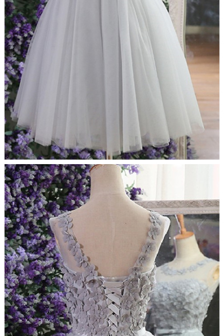 A-line Homecoming Dresses,scoop Knee-length Homecoming Gown,gray Homecoming Dresses,tulle Lace-up Homecoming Dress With Appliques