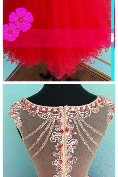 Round Neck Rhinestone Homecoming Dresses, Red Organza Homecoming Dresses, See Through Homecoming Dresses, Charming Homecoming Dresses,
