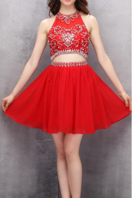 Glamorous Two-piece Homecoming Dresses,short Red Homecoming Gown,chiffon Homecoming Dress With Beading