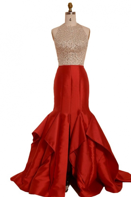 Style Red Satin Backless Evening Dress Formal Gowns