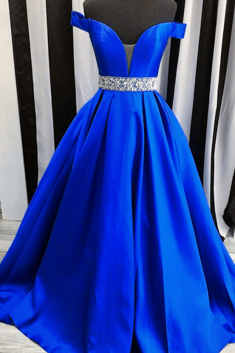 Royal Blue Satin Prom Dresses Crystals Women Party Dresses