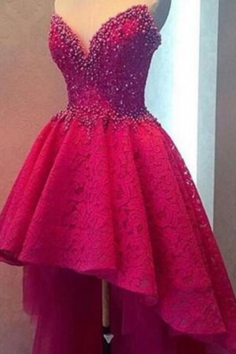 Party Dresses Vestidos De Formatura High Low Prom Dresses Pink Lace Evening Dresses With Pearls