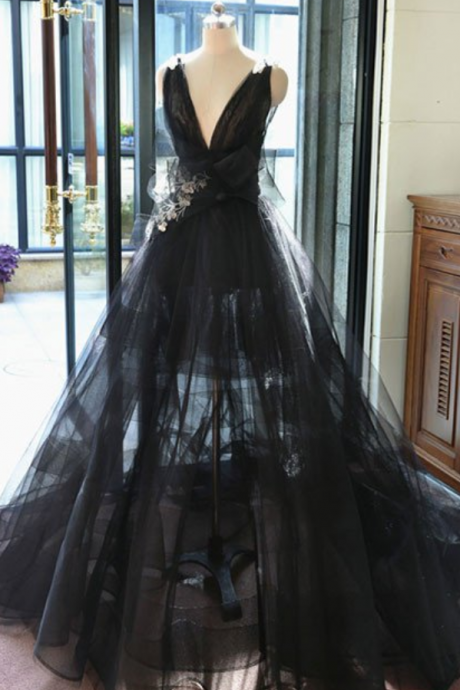 Black V Neck Tulle Long Prom Dress, Black Evening Dress