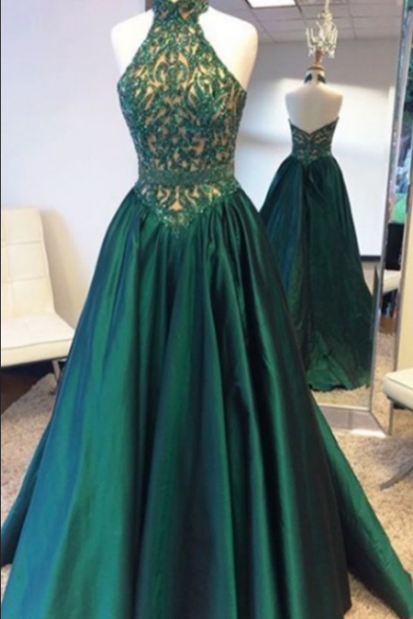 Halter Prom Dresses,green Prom Dresses,beaded Prom Dresses,open Back Prom Dresses,evening Dresses,formal Dresses