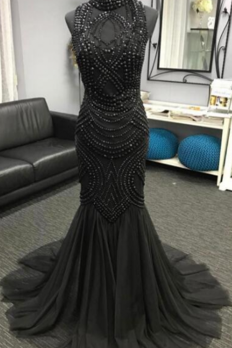 Luxury Bling Sparkle Mermaid Prom Dress, Black with Pearls Prom Dresses, High Neck Evening Dress, Long Prom Dresses