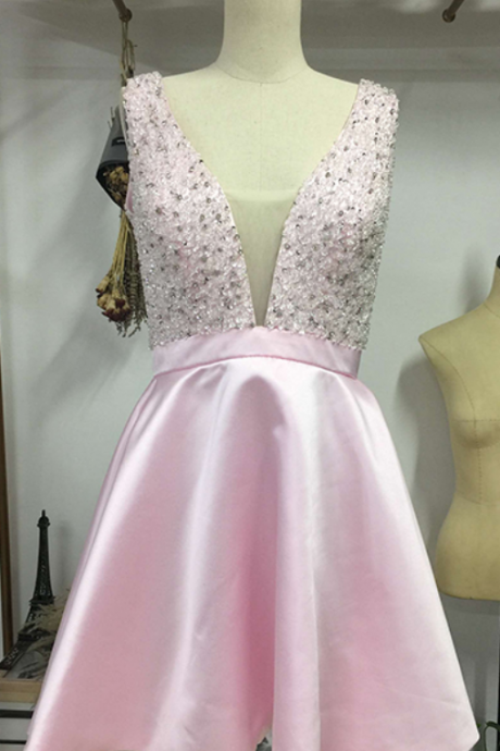 Pink Homecoming Dresses,short Homecoming Dress,v-neck Beaded Homecoming Dress,cocktail Dresses