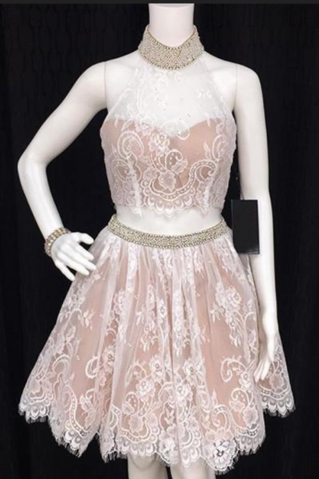 Two Pieces Homecoming Dresses,a-line Lace Homecoming Dress,halter Open Back Homecoming Dress,short Homecoming Dresses