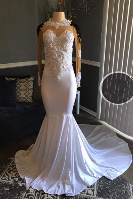Mermaid White Lace Appliques Sheer Long-sleeves Black Prom Dresses