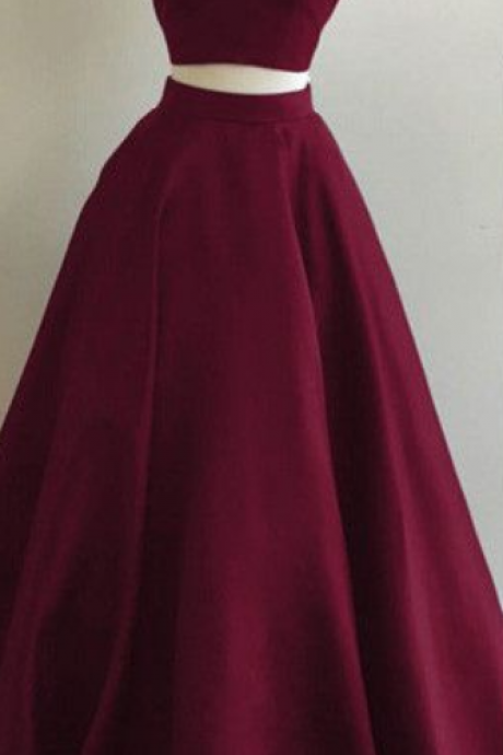 Burgundy A-line Straps Two Piece Formal Dress Sleeveless Elegant Prom Dress