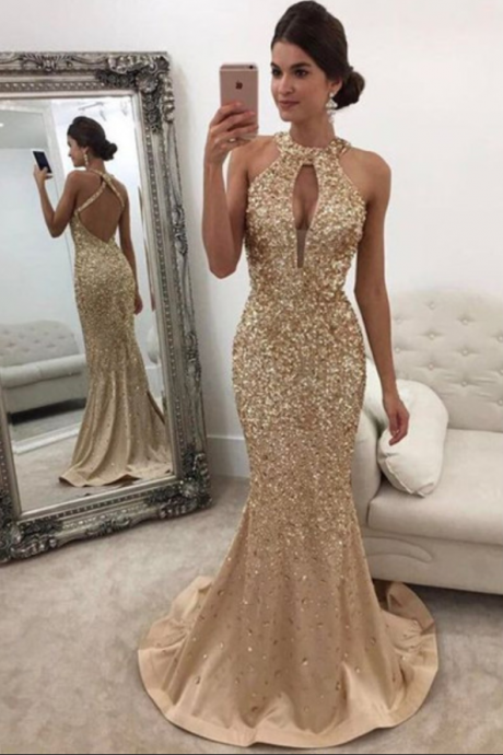  Gorgeous Backless Formal Dress Mermaid Halter Sleeveless Crystals Prom Dress