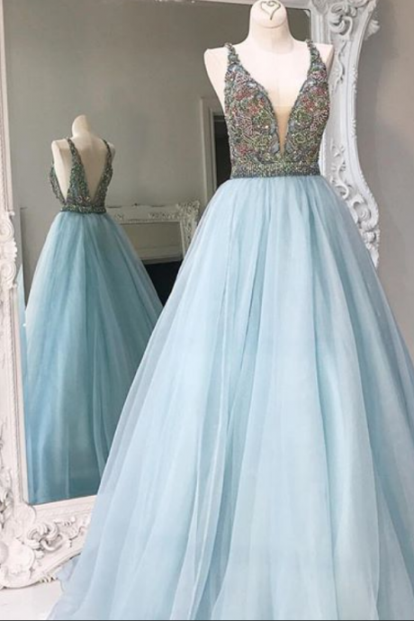 Crystals A-line Tulle V-neck Formal Dress Stunning Sleeveless Prom Dress