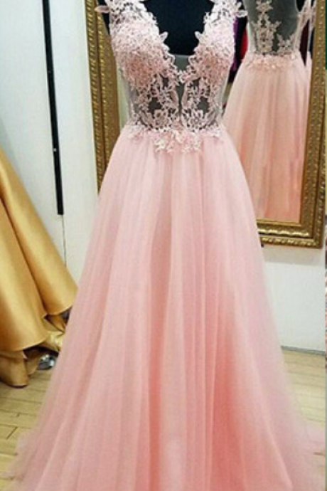 Appliques Pink Evening Dress V-neck Lace Beading Sleeveless A-line Prom Dresses