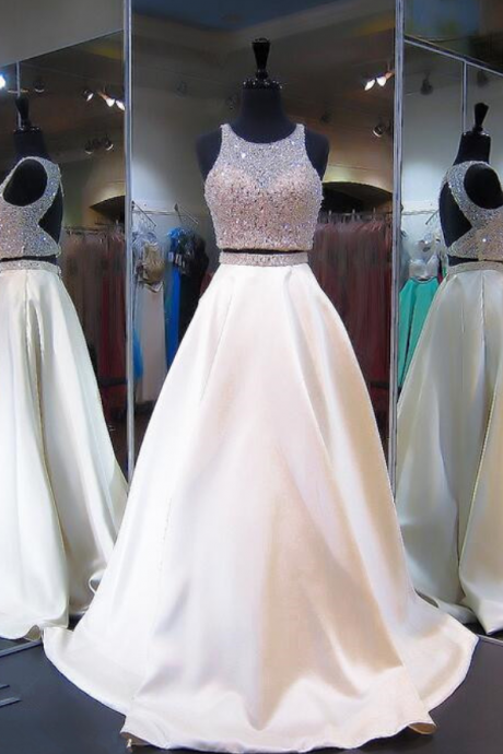 A-line Two Piece Evening Dress Sleeveless Jewel Beads Sexy Zipper Prom Dress