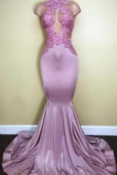 Appliques Mermaid Sleeveless Sweep-train Newest High-neck Prom Dress