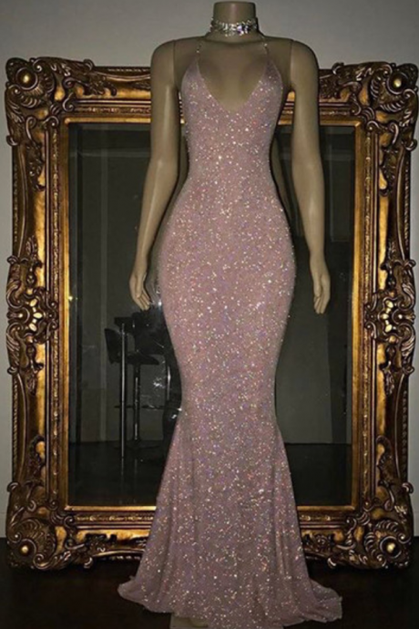 Stunning Rose Pink Sequined Evening Gown Long Spaghetti Strap Mermaid Sleeveless Prom Dress