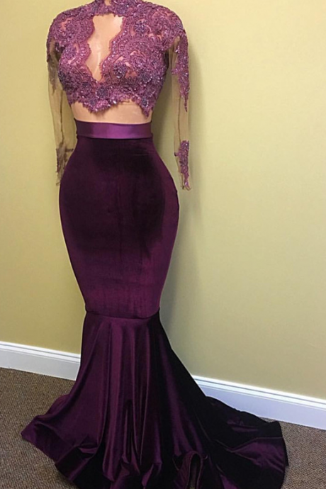 Sexy Velvet Evening Gown High Neck Lace Long Sleeve Prom Dress With Keyhole