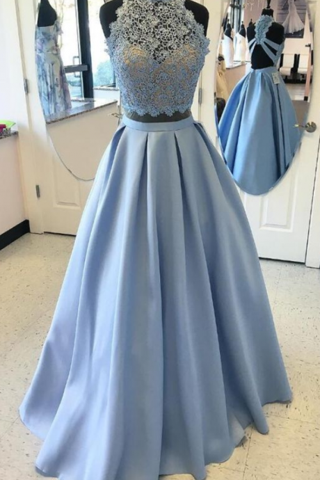 Prom Dresses,light Blue Prom Dress, Prom Gown,2 Pieces Prom Dresses,evening Gowns,2 Piece Evening Gown,lace Prom Gowns,cap Sleeves Prom Dress