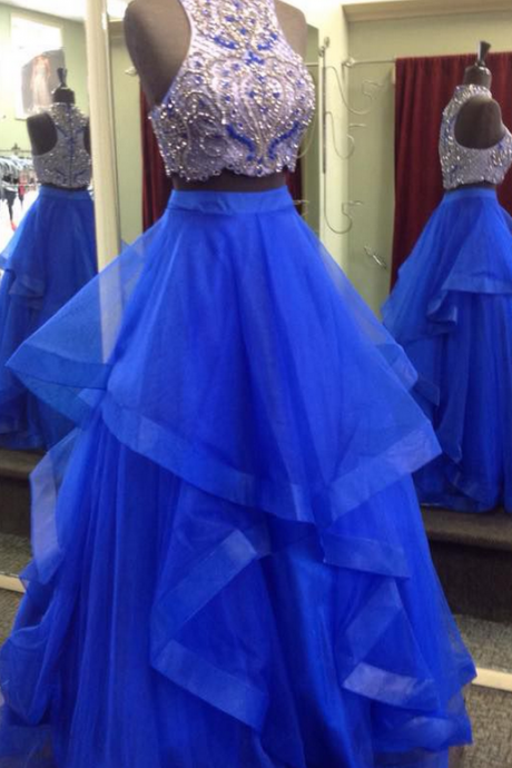 Royal Blue Prom Dresses, 2 Piece Prom Gowns,2 Pieces Prom Dresses,sexy Party Dresses,long Prom Gown,tulle Prom Dress