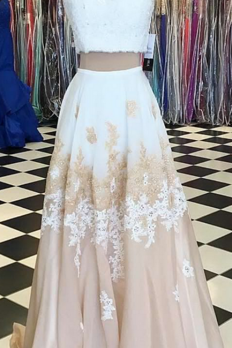 2 Piece Prom Gown,two Piece Prom Dresses,white Evening Gowns,2 Pieces Party Dresses,evening Gowns,lace Formal Dress For Teens